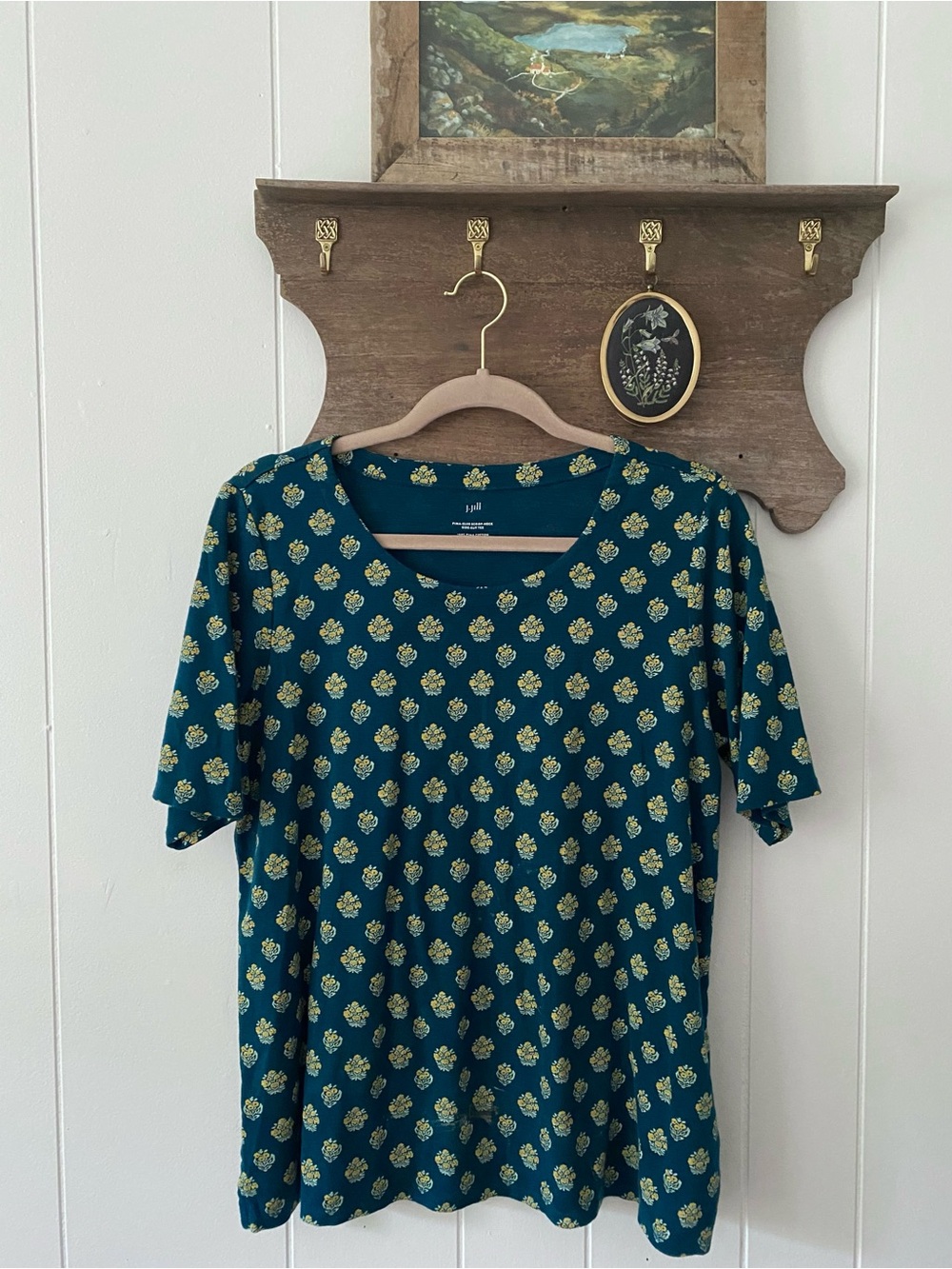J. Jill Teal and Yellow Floral Block Print Scoop Neck Pima Cotton Top